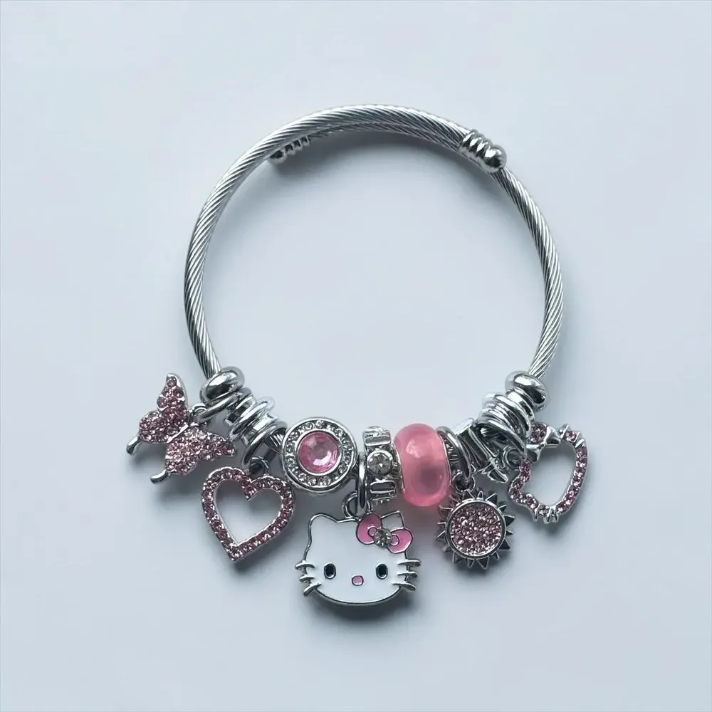 Pink & Silver Kitten Charm Bangle Bracelet for Girls